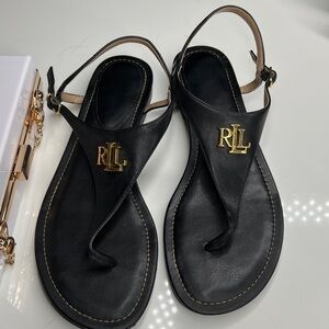 Lauren Ralph Lauren Sz 7 Ellington Black Leather Flat T Strap Sandals